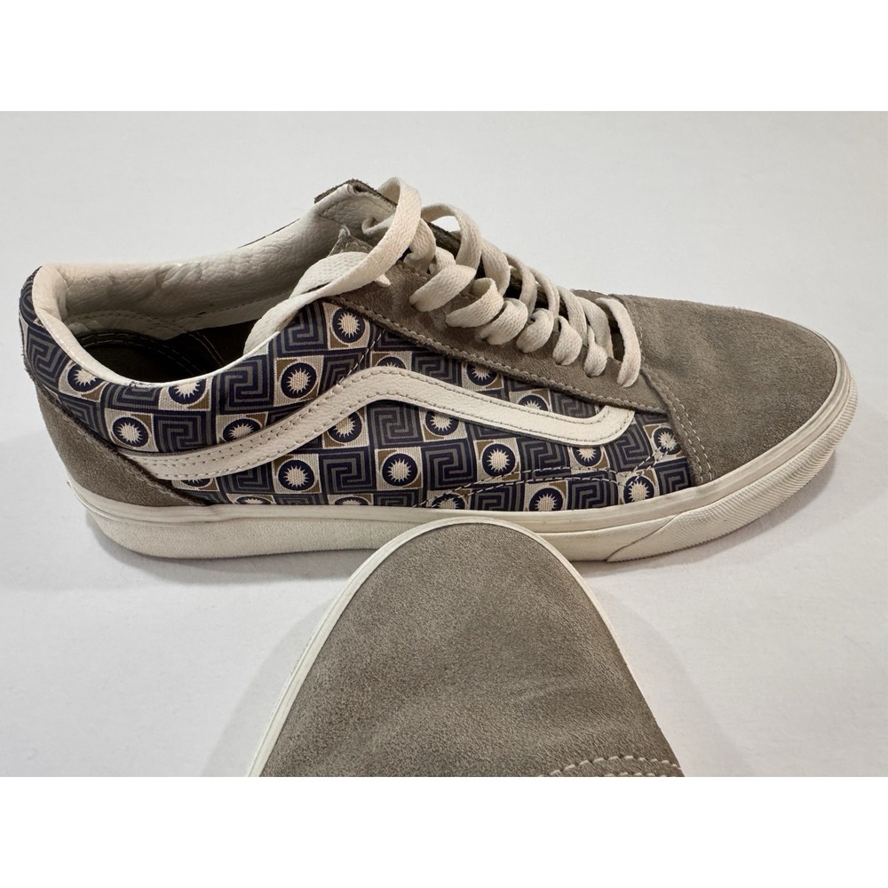 Vans Old Skool Mens 10.5 Gray Suede Blue Geometric Print Skate Sneakers Shoes